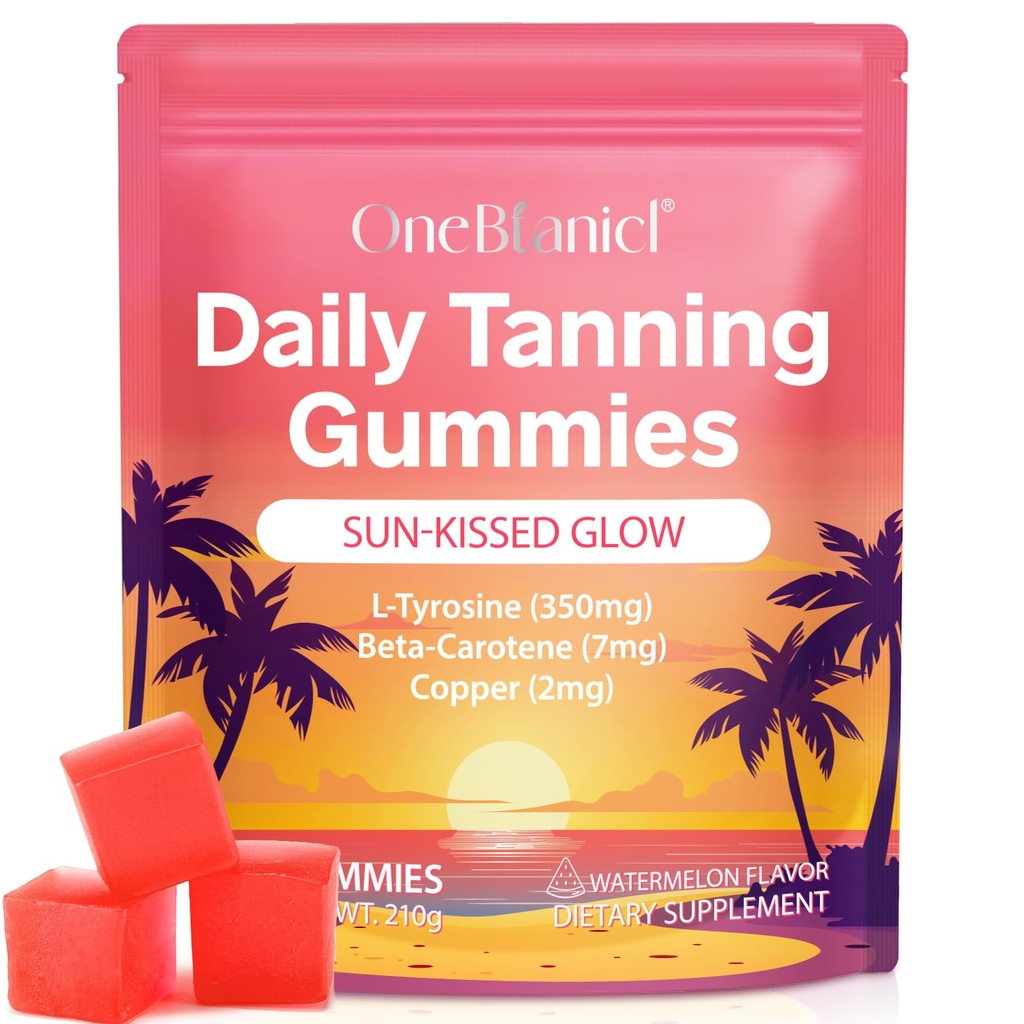Daily Tanning Gummies - Natural Sun-Free Glow - with L-Tyrosine & Beta-Carotene to Enhance Tan, Nourish & Protect Skin, Watermelon Flavor, 60 Count