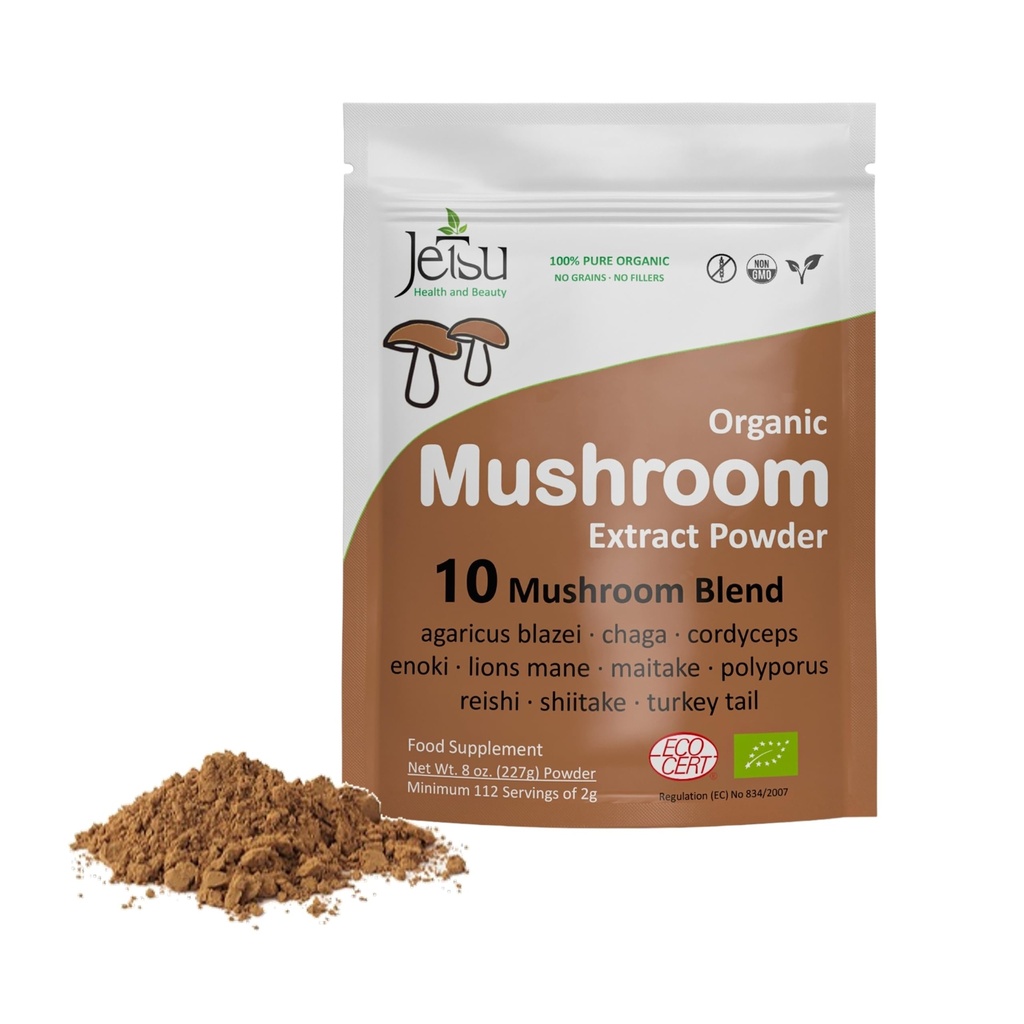 Mushroom Extract Powder - Kraftfull 10 Blend, Organic Lions Mane, Cordyceps, Reishi, Shiitake, Turkiet Tail Mushrooms Nootropic Brain Supplement för energi, lugn, fokus och immunsystem Booster