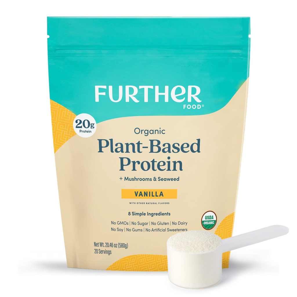 Ytterligare Food Organic Vegan Protein Powder Vanilla - 20 g växtbaserad protein, organisk proteinpulver med svamp & Seaweed, Vegan, Non GMO, Gluten Free, Dairy Free 19.05 Oz