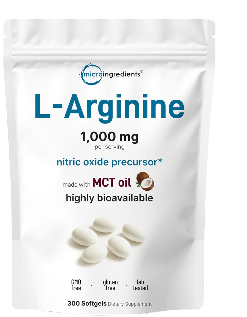 Micro Ingredients L-Arginine 1000mg med MCT Oil, 300 Softgels | Nitric Oxide Precursor * för Män & Kvinnor | Extra Strength Amino Acid Formel för Daglig Wellness | Non-GMO, Gluten Free, No Soy