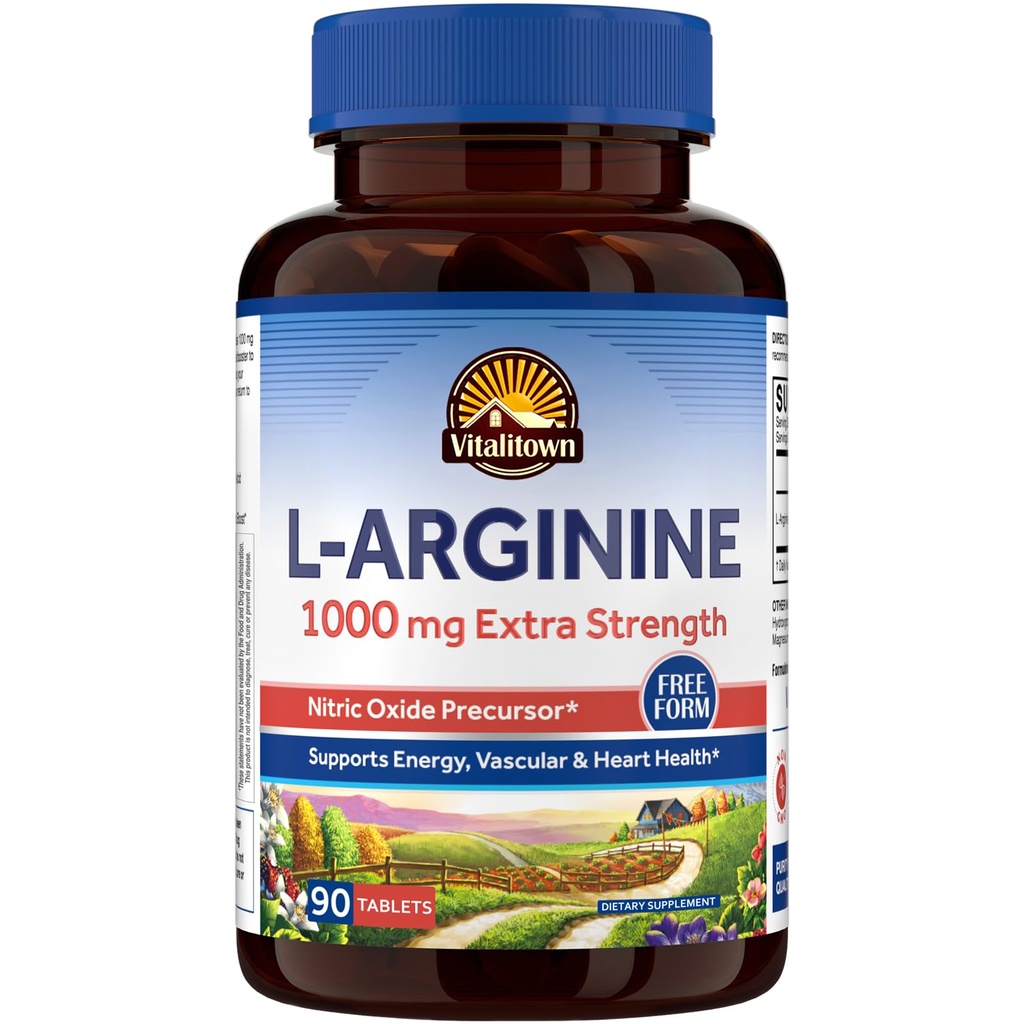 Vitalitown L-arginin för män och kvinnor, 1000 mg, Nitric Oxide Booster Supplements, No Gluten, Non-GMO, Endurance, Workout, Blood Flow Support, 90 tabletter