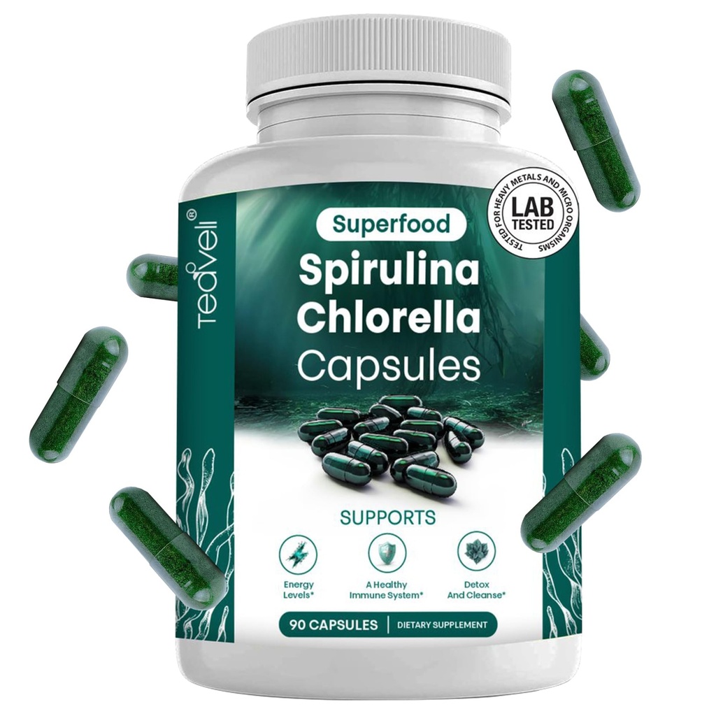 Spirulina och Chlorella Capsules - Chlorophyll Pills & Blue Green Algae för att stödja kraftfull detox, energi och ett hälsosamt immunsystem - 3X mer Chlorella Spirulina Powder / Servering - 90 Ct