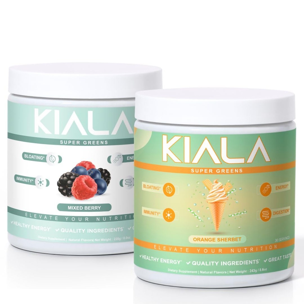Kiala Nutrition Super Greens, Organic Greens Powder, Spirulina & Chlorella Superfood Powder, Sugar & Gluten Free Vegan, Spectra Blend, Mixed Berry, Orange Sherbet 2 Pack