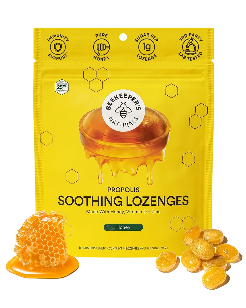 Soothing Honey Cough Drops - Immune Support med vitamin D, Zink och Propolis - av Beekeeper's Naturals - Throat Soothing Lozenges, 14 Ct
