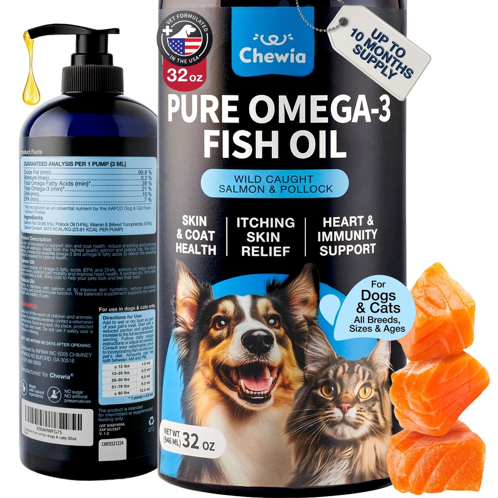 Fish Oil for Dogs and Cats – Omega 3 Salmon Oil for Skin, Coat & Joints | Liquid omega 3 fish oil supplement for dogs and cats supports joint, heart, skin, coat, mobility, itchy skin & shedding