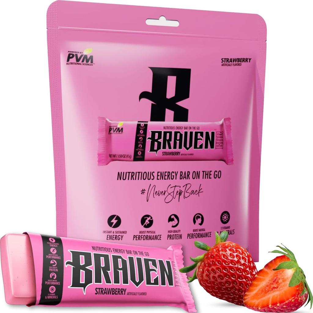 Braven Bar Strawberry Energy Bars (1,59 oz, Pack of 10) - Energy Chews Alternative med 5g Protein - On-the-Go Snacks för körning, vandring och sport - Gluten Free Snacks - Bars Protein