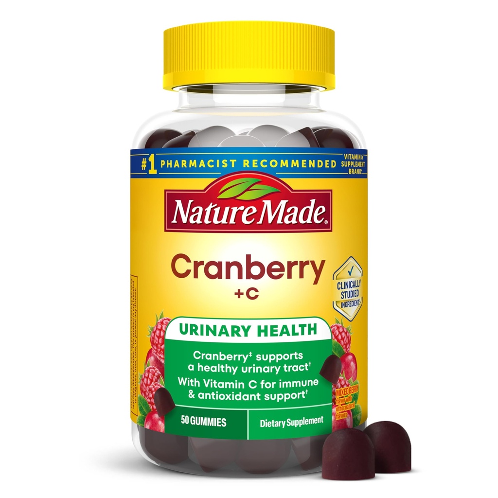 Nature Made Cranberry with Vitamin C Gummies for Adults, Urinary Tract Health for Women and Men, Cranberry Supplement, 50 Gummies, 25 Day Supply