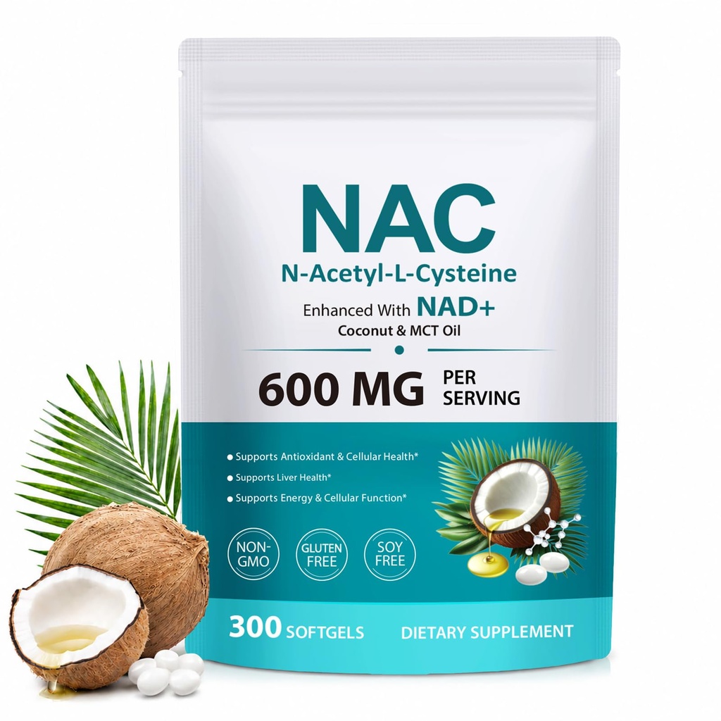 NAC 600mg Supplement with NAD+ & MCT Oil, 300 Softgels NAC– N-Acetyl Cysteine Supplement for Daily Wellness Support – Non-GMO, Gluten Free