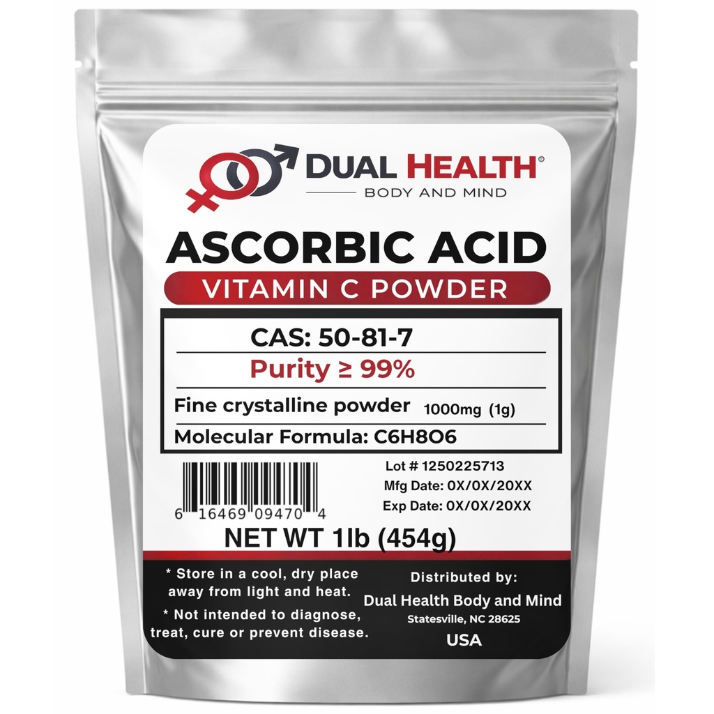 Ascorbic Acid (1 lb) Pure Vitamin C Powder High Potency Food Grade Cell and Immune Support Non-GMO Soluble Fine Crystals Antioxidant Bulk Supplements Skin Hair Bones Teeth Nails