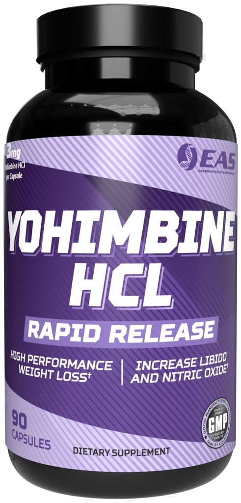 EAS Yohimbine HCL | Förbättrad viktminskning och atletisk prestanda | Snabb frisättningsteknik | Glutenfri, icke GMO, vegetarisk vänlig | 90 kapslar