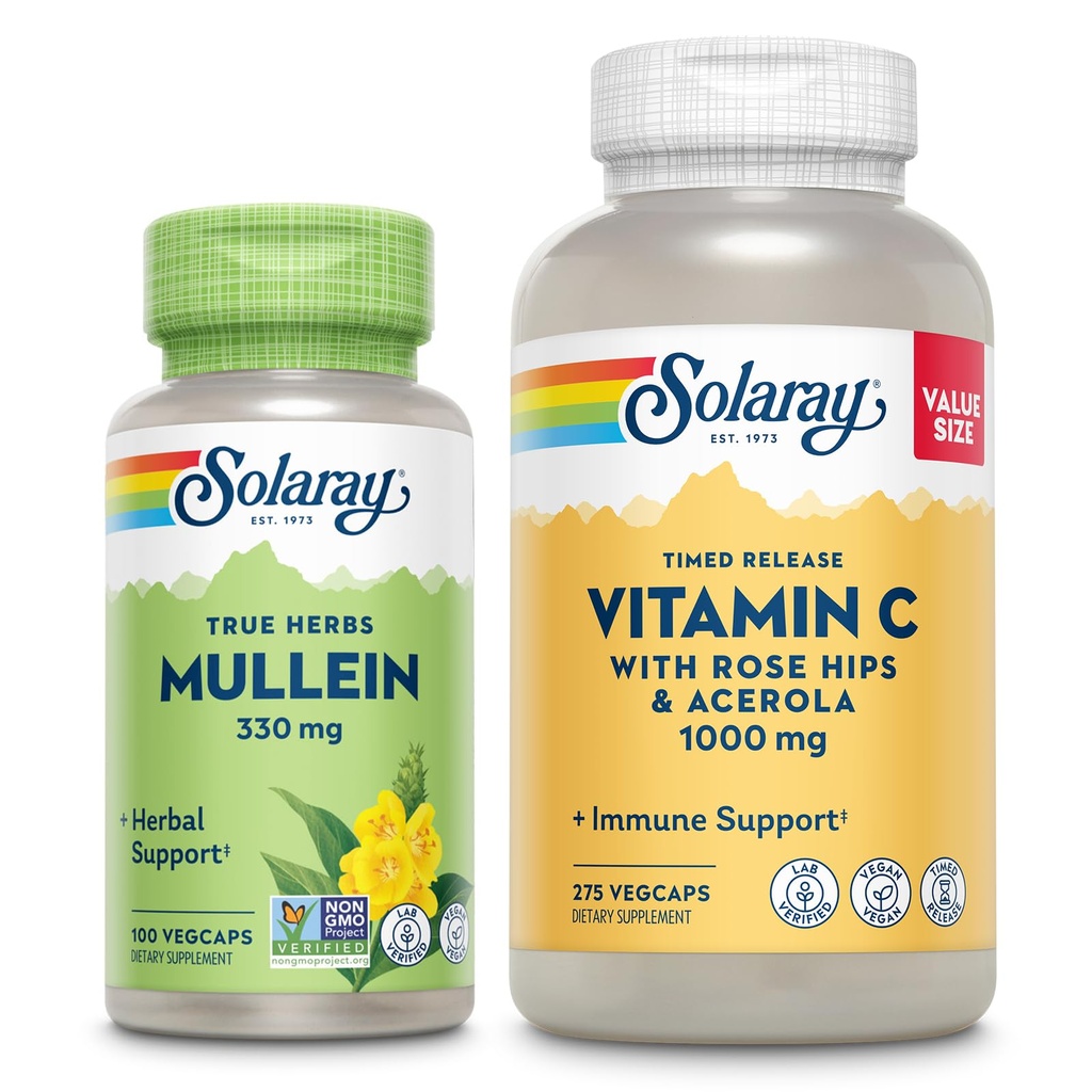 SOLARAY Vitamin C 1000mg och Mullein Leaf Wellness Bundle - Time Release Vitamin C Supplement och Mullein kapslar, traditionellt används för Wellness Support - Vegan, 60-dagars garanti, 275 / 100 VegCaps