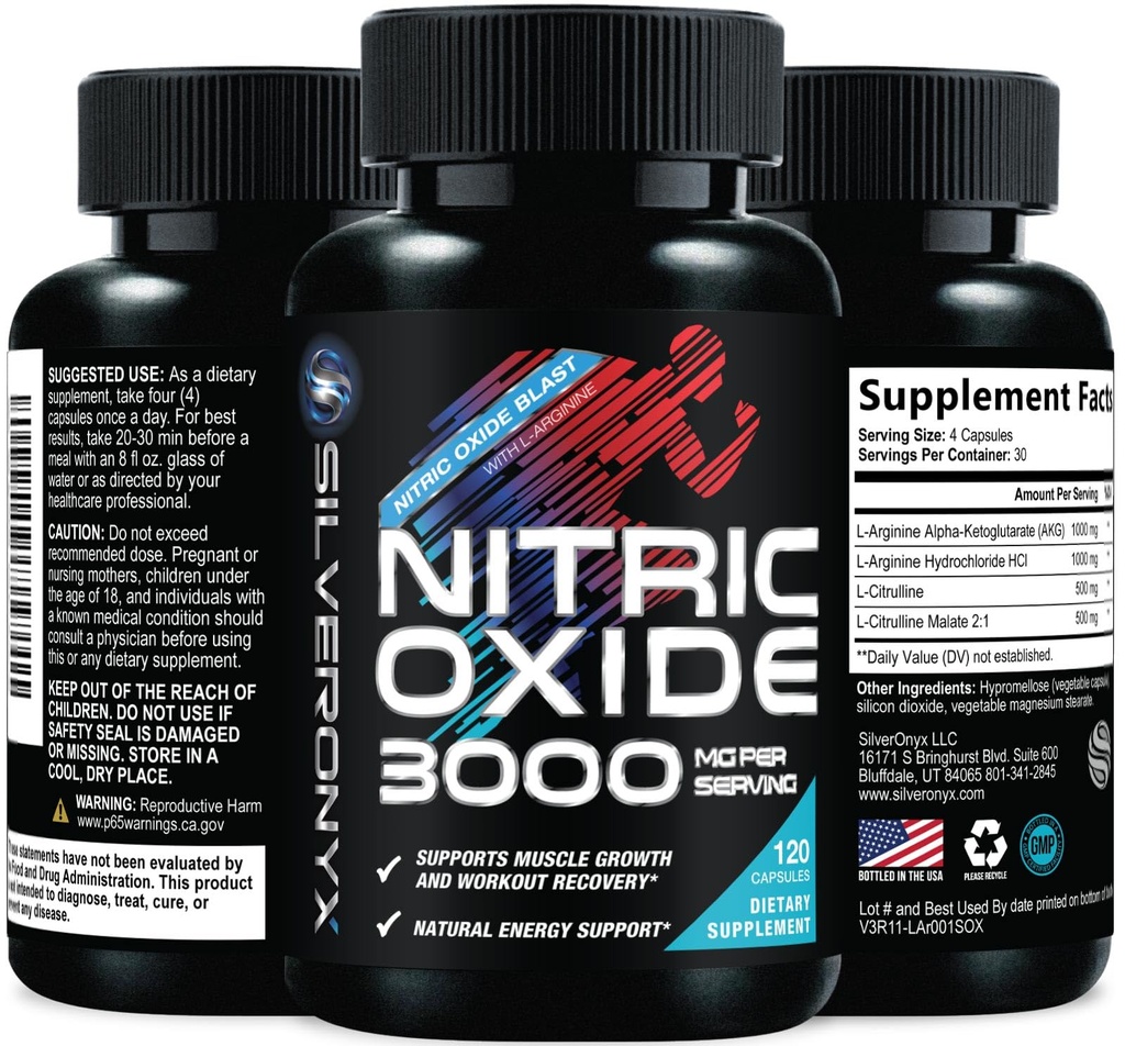Extra styrka Nitric Oxide Supplement 3X Strength L Arginine, Citrulline Malate, AAKG, Beta Alanine - Premium Muscle Stödande Nitric Booster - Natural Energy & Heart Health Support - 120 kapslar