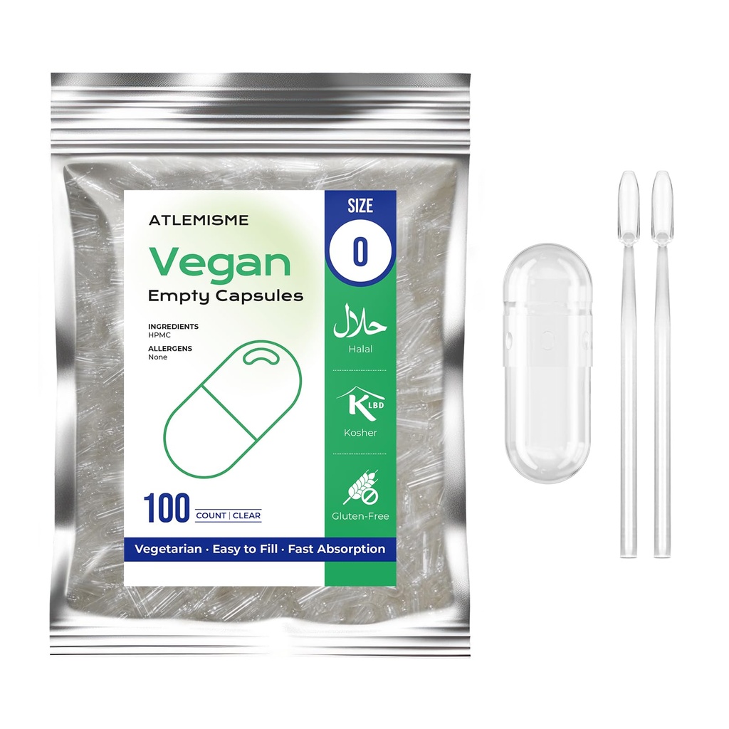 Tomma Vegan kapslar storlek 0 - (100 greve) Tomma kapslar DIY Vegetable Capsule Fyllning - Veggie Empty Caps med 2 Micro Lab Spoons