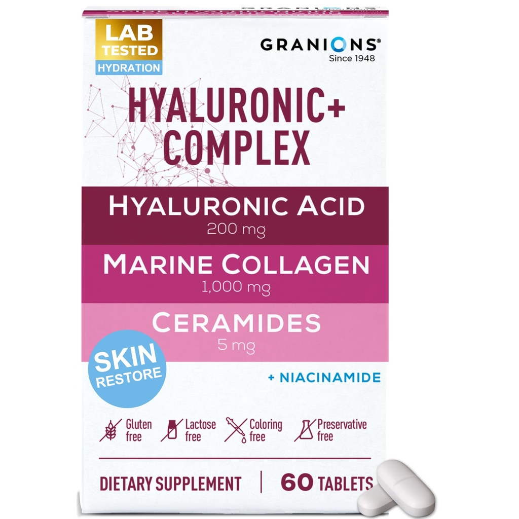 Hyaluronic Acid Supplements 200mg - Marine Collagen Peptides, Vitamin B3 Niacinamide, Ceramides Supplement - Deep Hydration & Anti-Aging Skin Care Complex for Women and Men - 60 Foil Sealed Tablets