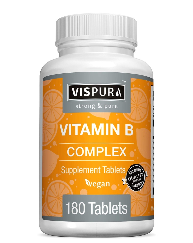 Vitamin B-Complex, 180 Vegan tabletter, alla B-vitaminer Inklusive B12, B1, B2, B3, B5, B6, B7, B9, Folsyra, för stress, energi och hälsosam immunsystem *, naturligt tillskott utan tillsatser