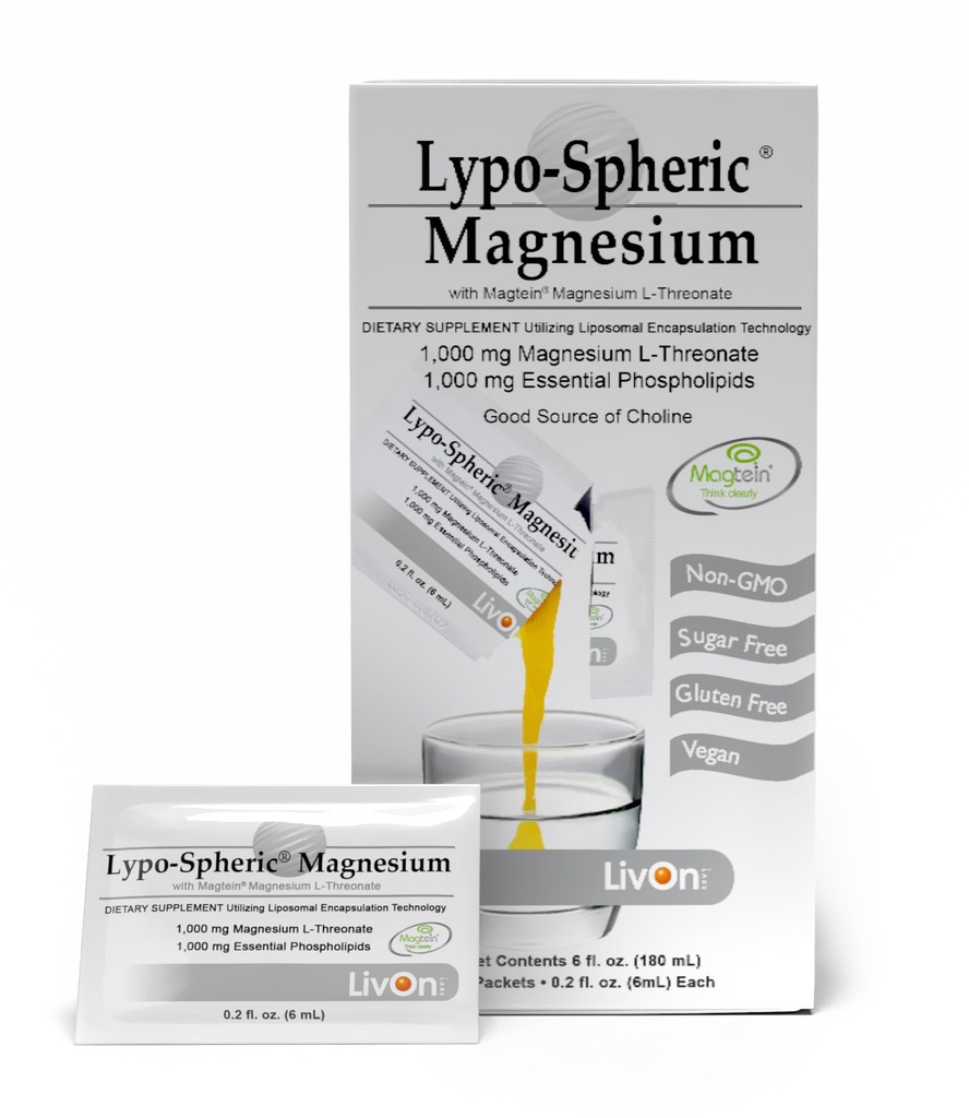 LivOn Laboratories Lypo-Spheric Magnesium L-Threonate - 30 Packets - 77mg Per Packet - Liposome Encapsulated för maximal biotillgänglighet - Professionellt formulerad - 100% icke-GMO