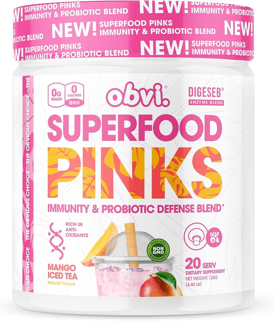 Obvi Superfood Pinks Probiotic Blend | Rik i Antioxidanter, Adaptogener, Digestive Enzyme Blend, Immune Support, Gut Health | Keto, Gluten-Free, No Sugar, 10 Billion CFU | Mango Iced Tea, 20 portioner