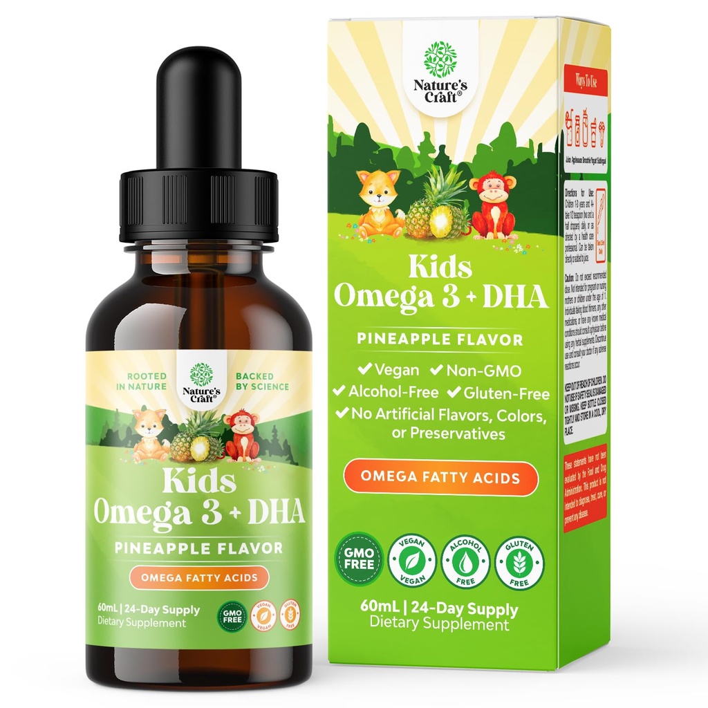 Barn DHA Omega 3 droppar - Fatty Acids Omega 3 6 9 för hjärna, immun styrka och vision - Närings DHA för barn för hälsosamt nervsystem och fokusstöd - Liquid Supplement med EPA & ALA - 2 Fl Oz