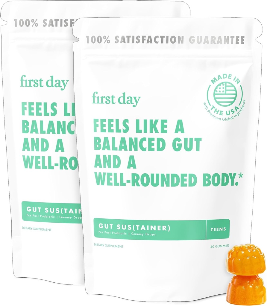 Första dagen Teens Gut Sustainer Tribiotic Gummies - 3-i-1 Prebiotic, Probiotic & Postbiotic Supplement - Stöder Digestive, Skin, Oral & Immune Health, Nutrient Absorption & Growth - 60-dagars leverans