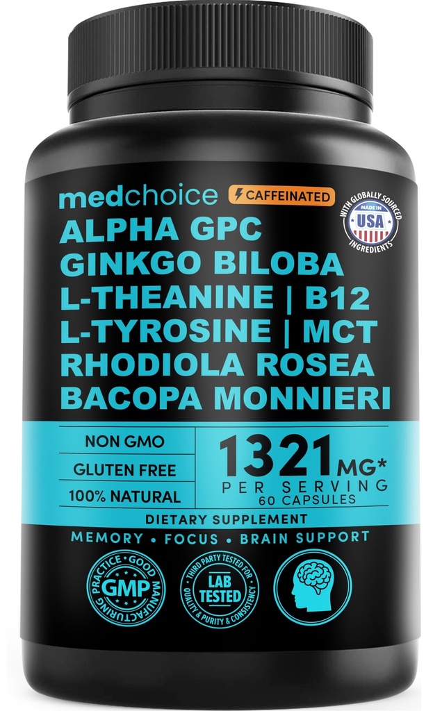 12-i-1 Nootropic Brain Supplement med koffein Anhydrous: Ginkgo Biloba för hjärnstöd, minne och fokus - B12, Alpha GPC, L Theanine och Choline Supplements with Bioperine with 1321mg (60ct)