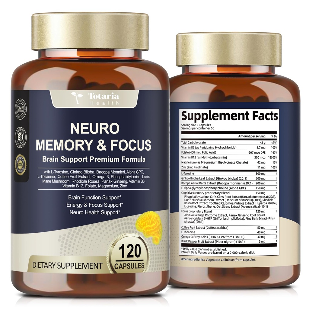 Totaria Brain Supplements for Memory and Focus, Brain Health med L-Tyrosine, Alpha GPC, Ginkgo Biloba, Bacopa Monnieri, Nootropic Cognitive Support - Non-GMO, Gluten Free (120 grejer)