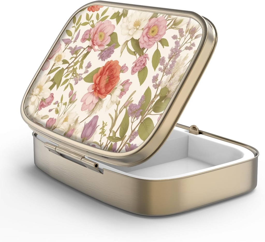 Pill Case Pill Box med Mirror Retro 2 Compartment Small Pill Case för väska eller ficka brons rektangulär pillåda eller vitaminer, fiskolja, kosttillskott, piller Containe Travel Gifts (Retro Red Flowers)
