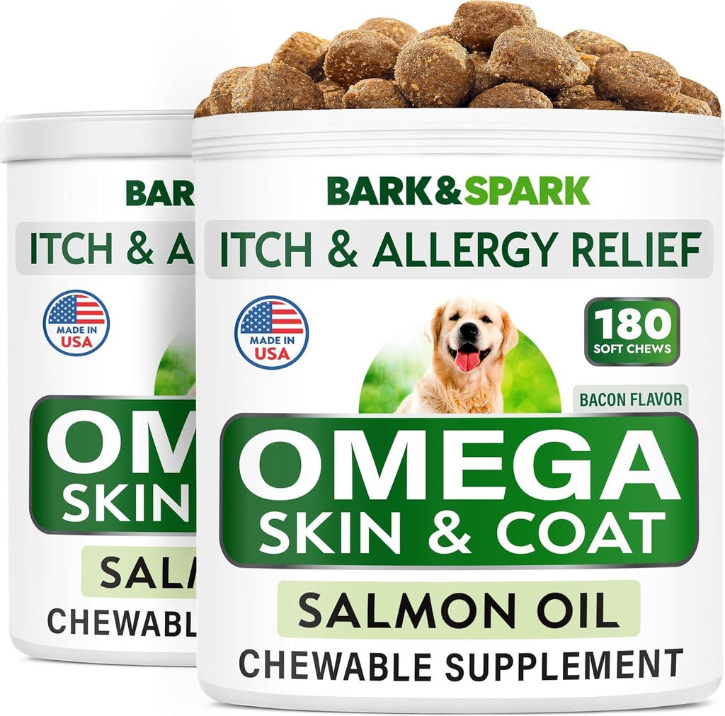 BARK & SPARK Omega 3 för hundar - 360 fiskoljebehandlingar för hundspridning, hudallergi, Itch Relief, Hot Spots Treatment - Gemensam hälsa - Hud och Coat Supplement - EPA & DHA fettsyror - Laxolja - Bacon