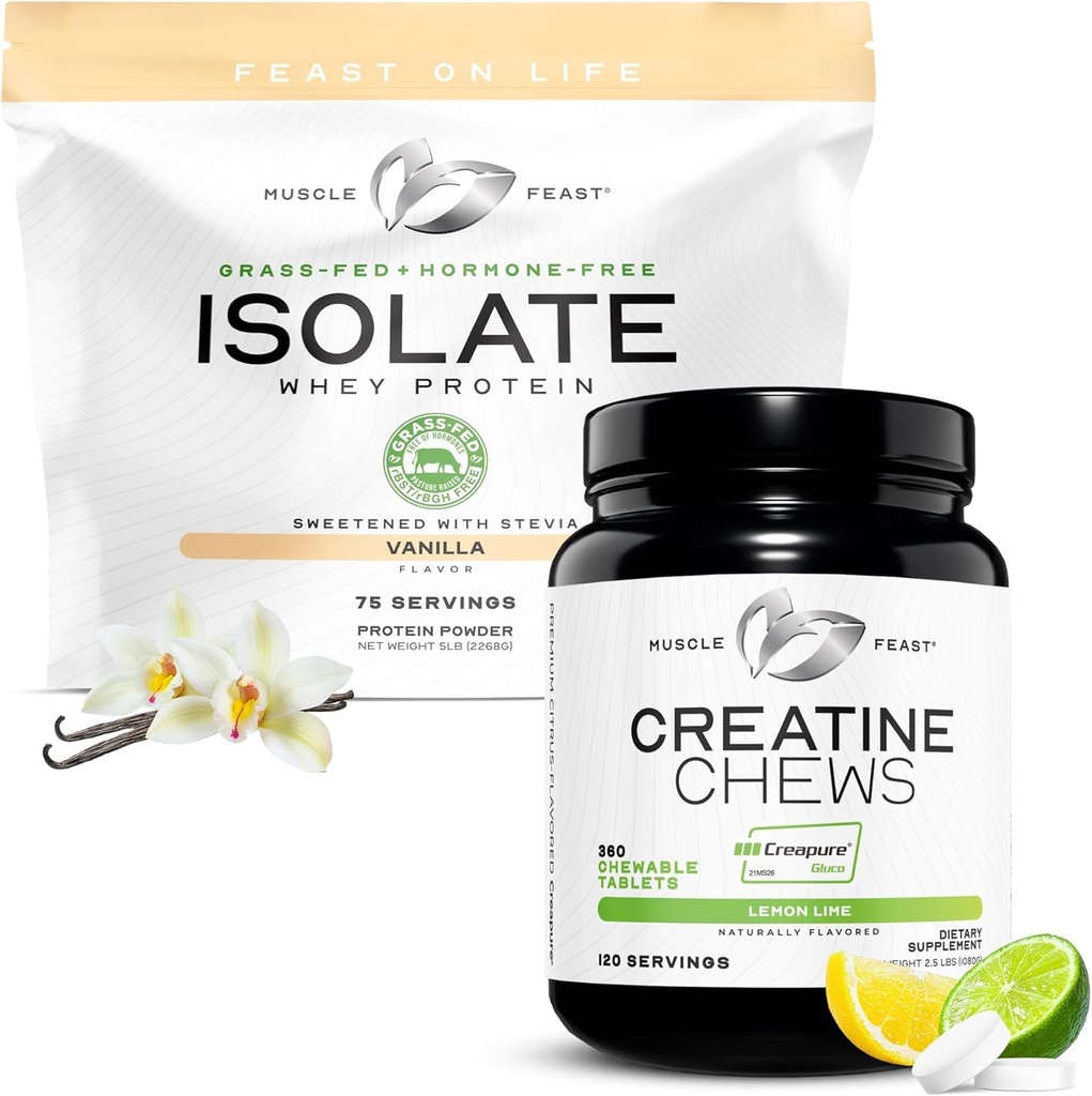 Muscle Feast Isolate + Creatine Candy Bundle: 1 Whey Protein Isolate (Vanilla, 5lb) + 1 Kreatin Candy (Lemon Lime, 360) | Premium Supplements, Vegetarian, Gluten Free