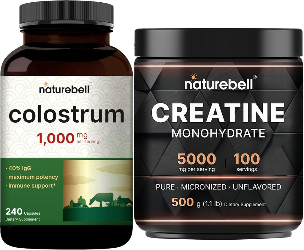 NatureBell Creatine Monohydrate Powder & Colostrum 240 Capsules 1000mg Per Servering Bundle Pack | Hög Absorption Micronized Kreatin | Mors första mjölk från Grass Fed Bovine