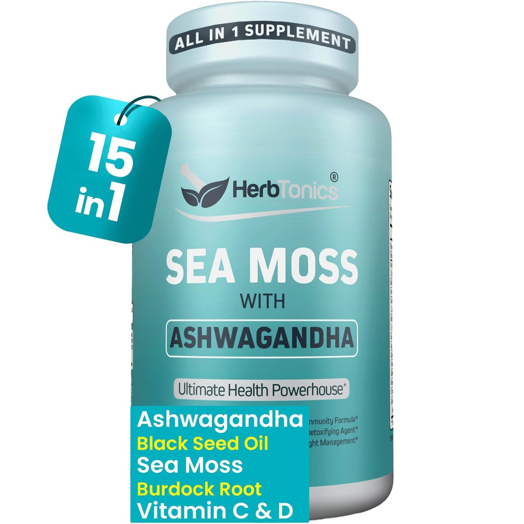 Herbtonics Sea Moss, Black Seed Oil, Ashwagandha, Burdock Root & ACV Complex | Boost Immunity, Reduce Stress, Support Digestion | All-in-One SeaMoss Capsules | 60 kapslar