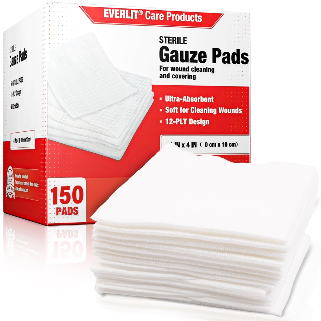 EVERLIT [Extra-Thick] 4''x4'' Sterile Gauze Pad 12-Ply, 150 Pack, Individual Wrapped, Ultra Absorbent Large Non-Woven Medical Gauze Sponges for Wound Care Home First Aid Kit