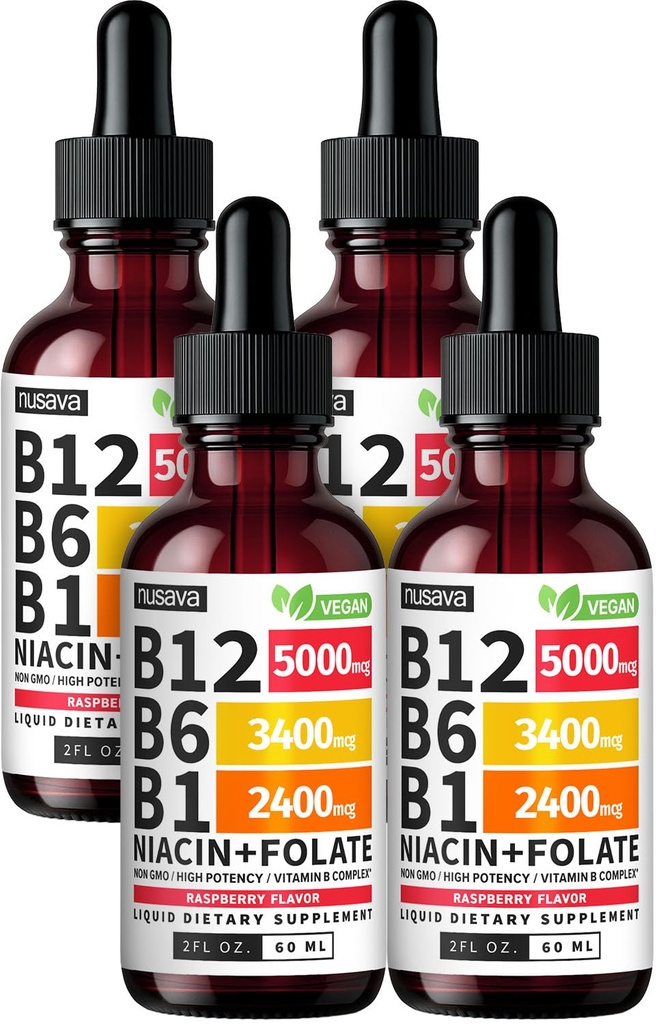 (4 Pack) Vitamin B12 och B6 Liquid Drops, B12 Sublingual Vitamin B Complex - B 12 Vitamin 5000mcg - B12 Methylcobalamin för energi, hjärna och hjärtsupport med 27 200 mcg, Raspberry, 80 portioner