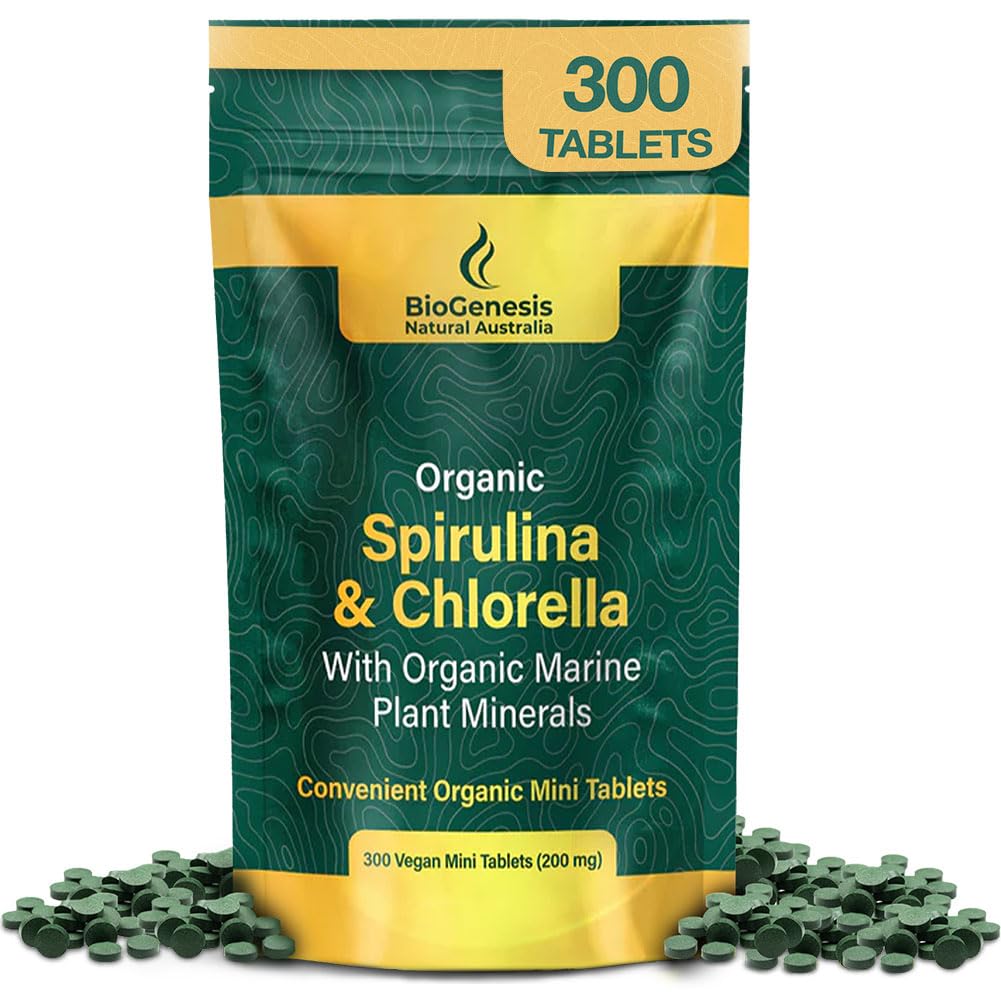 Biogenesis Organic Spirulina, Chlorella & Marine Plant Minerals - 300 greve (200 mg) | Australian Grown Algae Superfood | Stöd energi & immunitet | Vegan Mini tabletter