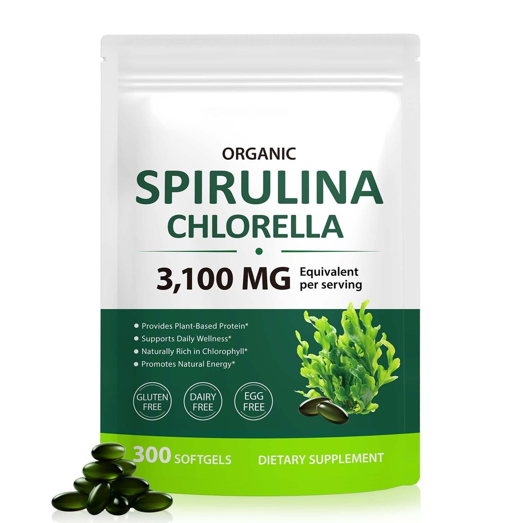 Tiuedu Spirulina Chlorella Softgels 300 Capsules, 17 i 1 Green Nutrient Blend Spirulina Chlorella Softgels, Rik i växtprotein, vitaminer, klorofyll, lätt att ta Softgel