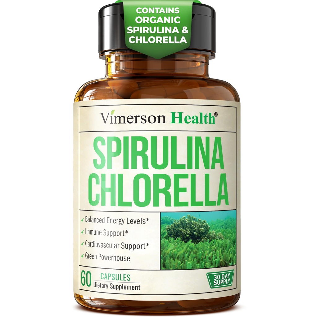 Organiska Spirulina och Chlorella Capsules - Spirulina Capsules med Chlorella Powder för Immune, Antioxidant & Energy Support. Nutritious Super Green. Vegan & Non-GMO. Tredje part testade. 60 Caps
