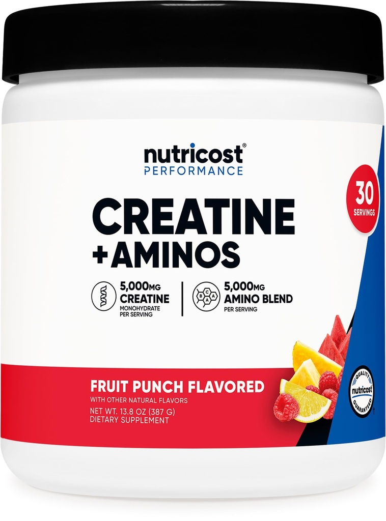 Nutricost Creatine + Aminos 30 portioner (Fruit Punch smaksatt) - 5 000 mg kreatinmonohydrat + 5000 mg Amino BCAA Blend Per servering