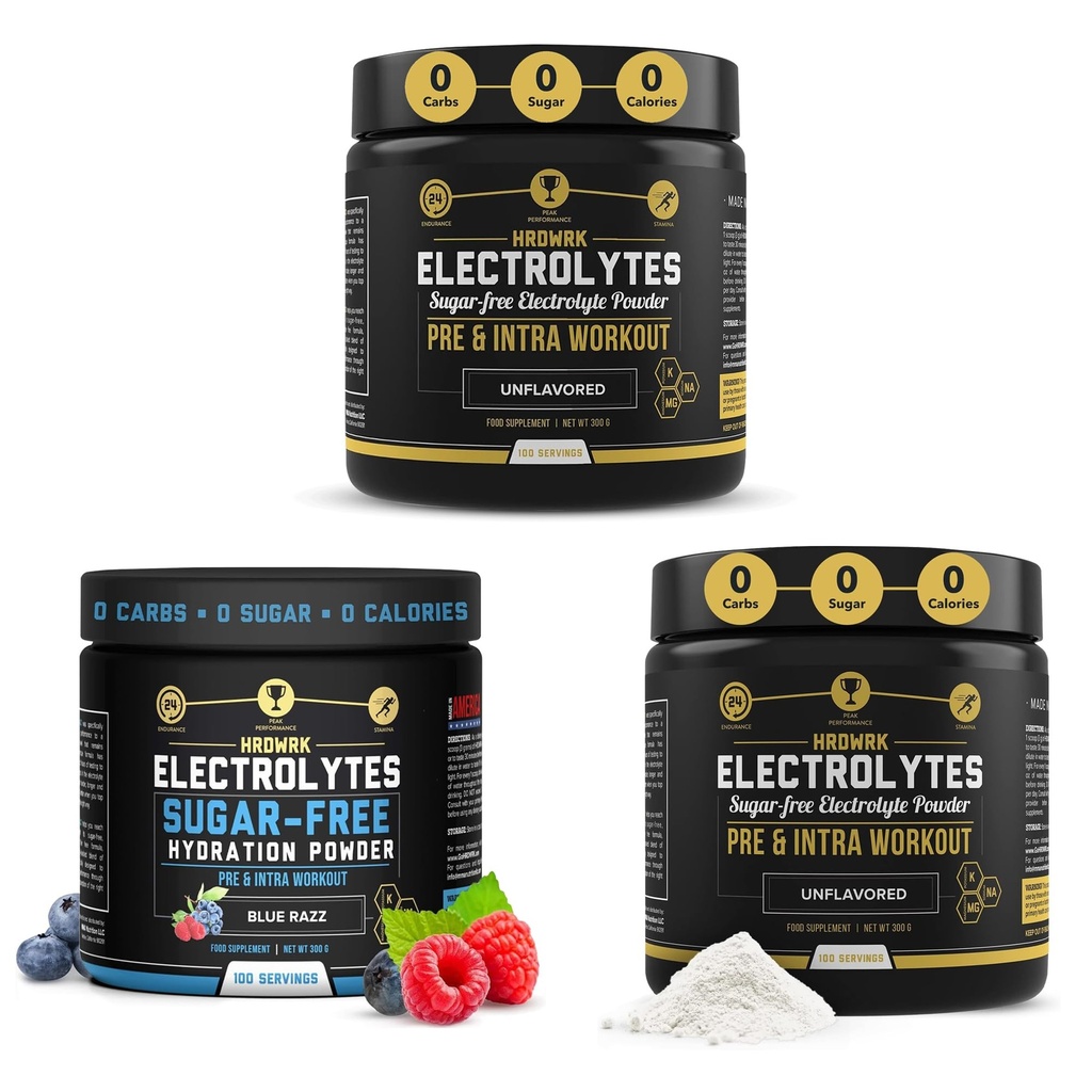HRDWRK - 100 portioner Keto Electrolytes Powder Hydration Sugar Free - Electrolyte Powder för att öka uthållighet och minska trötthet med Electrolytes Supplement (Unflavored Set of 2 & Blue Razz)