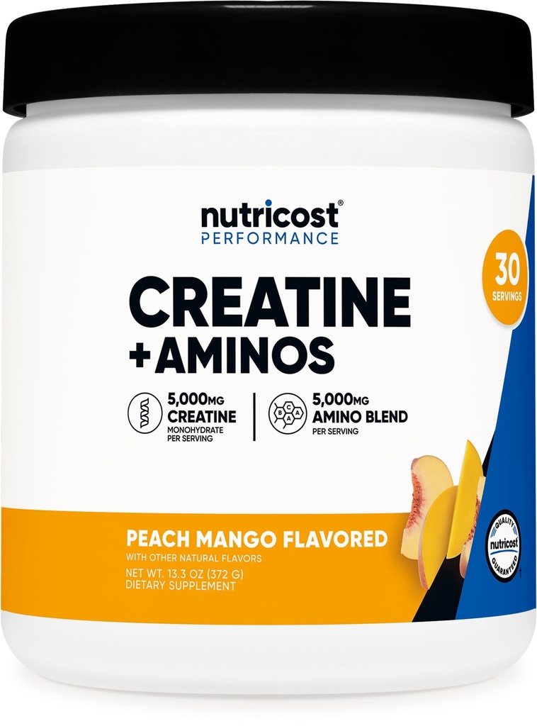 Nutricost Creatine + Aminos 30 portioner (Peach Mango smaksatt) - 5 000 mg kreatinmonohydrat + 5000 mg Amino BCAA Blend Per servering