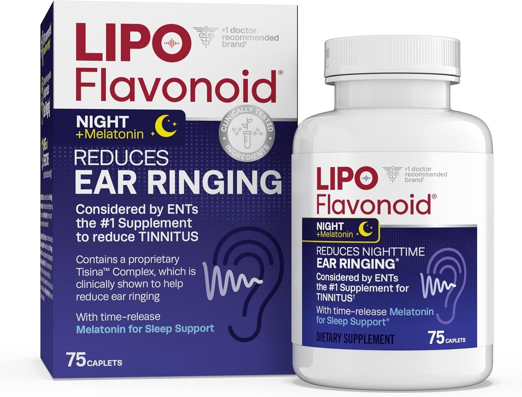 Lipo-Flavonoid Nighttime PM for Tinnitus Relief - Sleep Aid with Melatonin, Bioflavonoids, & Vitamin C - Ringing in The Ears, Ear Health, & Relaxation - Use with Lipo-Flavonoid Plus - 75 Caplets