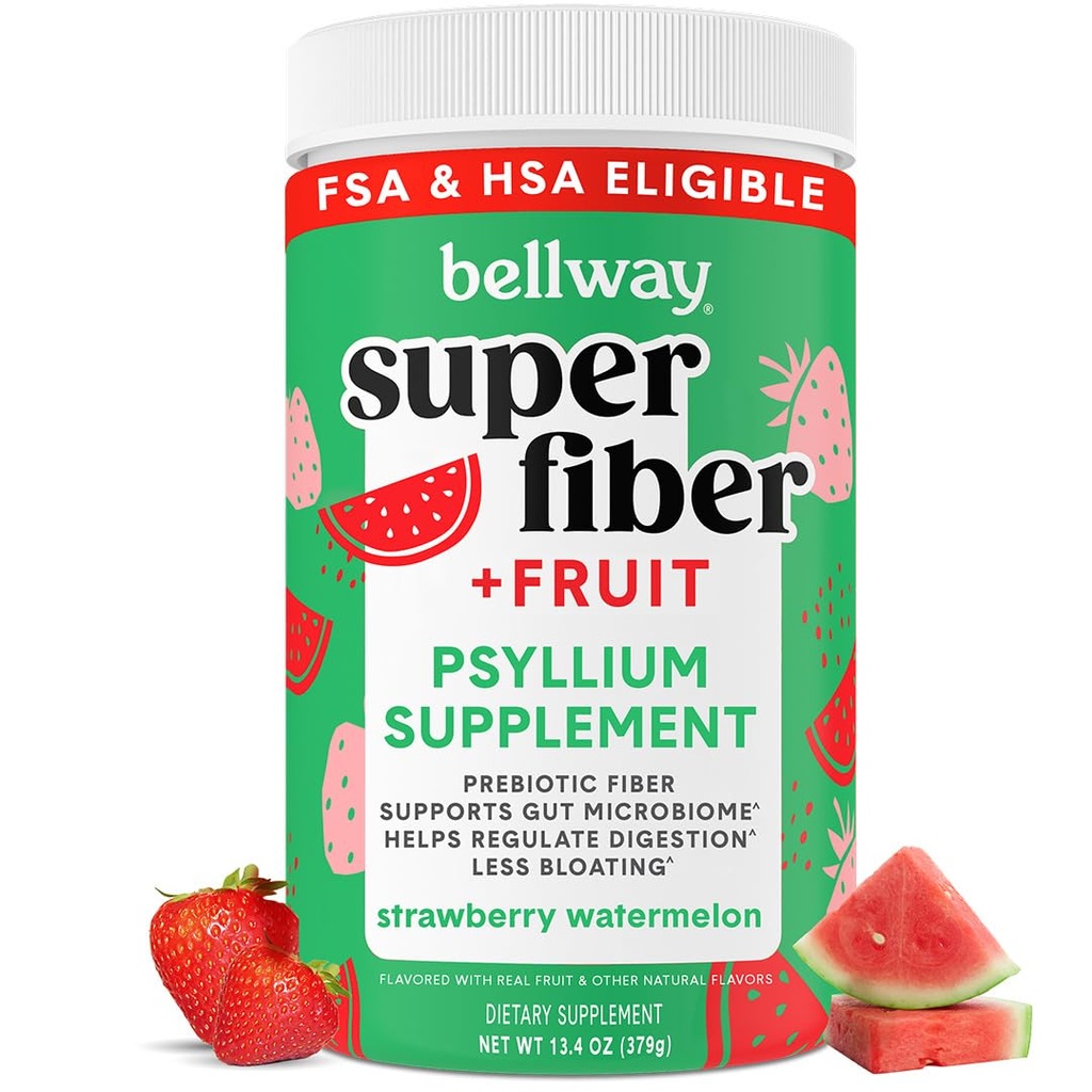 Bellway Super Fiber Powder + Fruit, Sugar Free Organic Psyllium Husk Powder Fiber Supplement for Regularity, Bloating Relief & Digestive Health, Plant-Based, Strawberry Watermelon (50 Servings)