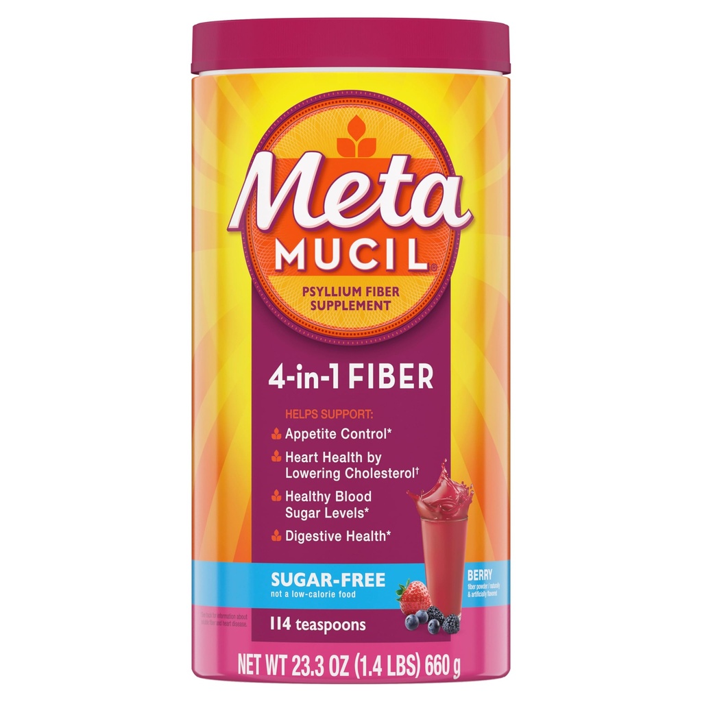 Metamucil, 4-in-1 Fiber Supplement, Psyllium Husk Powder, Sugar-Free Powder, Berry Flavored Drink, 114 Servings