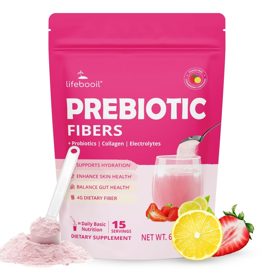 Daily Fiber Supplement för kvinnor och män, fiberpulver med probiotika, Collagen & Electrolytes- Stöder Digestive & Gut Health, Bloating Relief | Sugar Free, Strawberry Lemon Flavor, 15 portioner