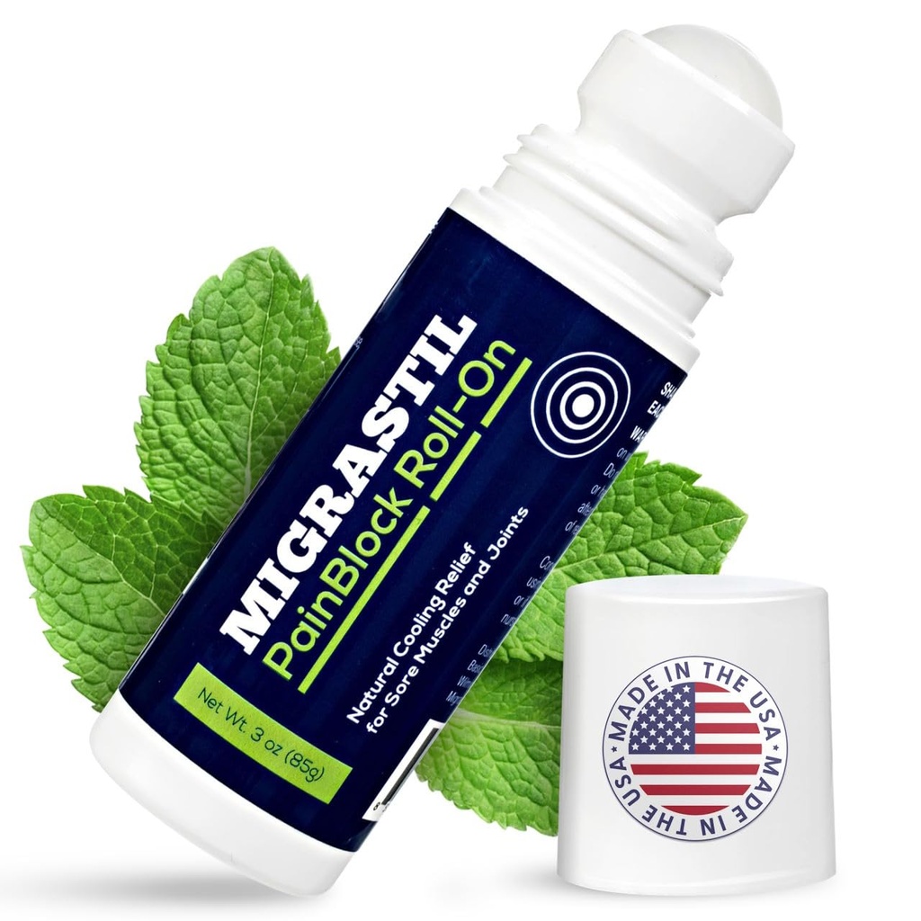 Grundläggande Vigor Migrastil PainBlock Roll-On, 3 oz - Topical Roll-On för muskelvärk, kramper, gemensamt och nervbesvär. Fungerar bra på axlar, hals, fötter, knän, ben, tillbaka, armbågar, hips, etc.