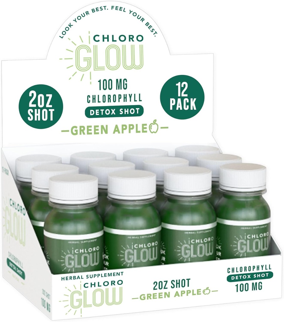 Chloroglow Chlorophyll Shots – Organic Plant-Based Green Apple Drink för Immune Support & Body Cleanse – Naturligt tillskott (12 Pack)