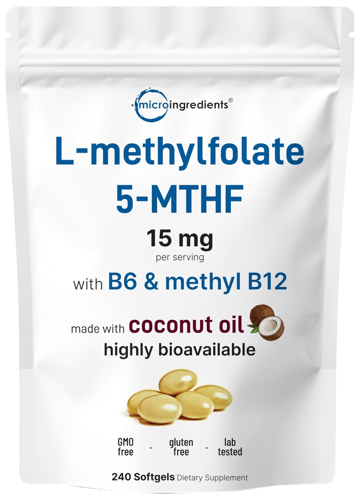 Micro Ingredients L Methylfolate 15mg, 240 Softgels | Aktiv 5-MTHF med B6 & Methyl B12 | Methylated Vitamin B9 med kokosolja