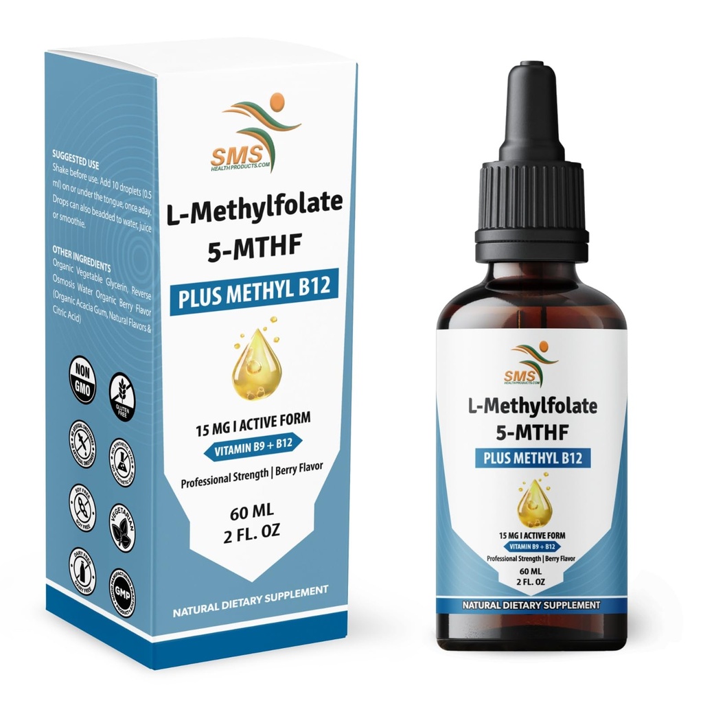 L-Methylfolate 15mg + Methyl B12 Liquid Drops, No Fillers, High Potency Sublingual Formula, Active 5-MTHF & Bioactive B12 for Mood, Cognitive Health & Methylation Support, Berry Flavor (2oz)
