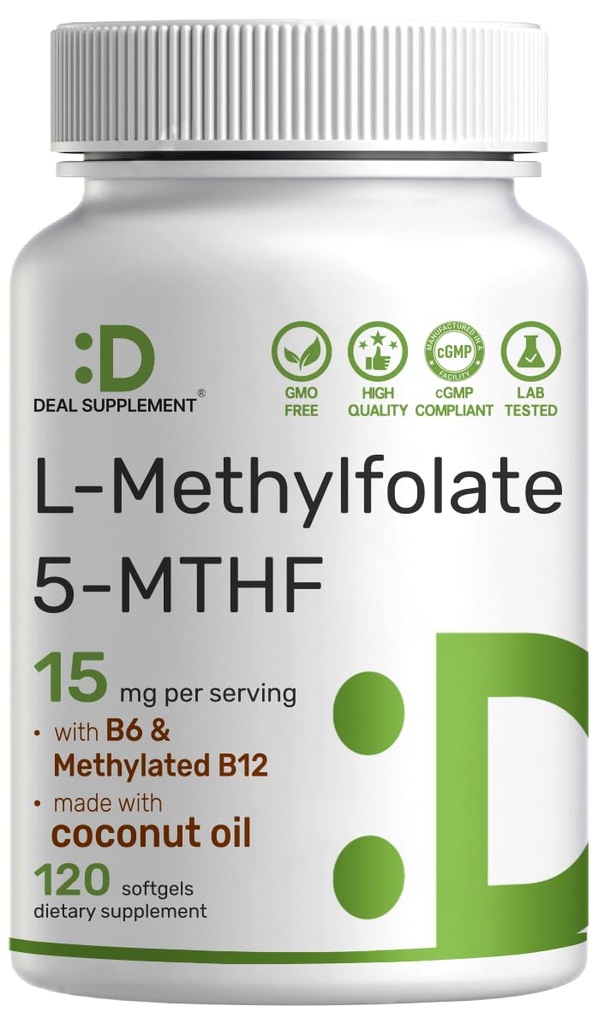 DEAL SUPPLEMENT L-Methylfolate 15 mg Per Servering, 120 Coconut Oil Softgels | 3-i-1 med Aktiv 5-MTHF Methylated Vitamin B9, B6 & Methylated B12 | Aktiv folattillskott | Non-GMO, Gluten Free