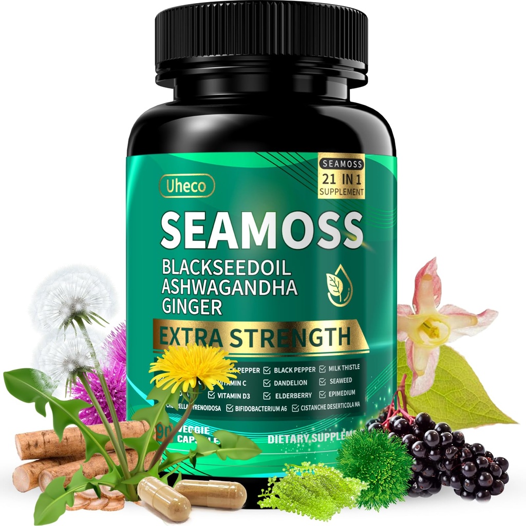 Superfood Advanced Irish Sea Moss Capsules - Sea Moss 21 in 1 Supplement Whit Black Seed, Ashwagandha, Turmeric, Bladderwrack, Burdock - 90 Count