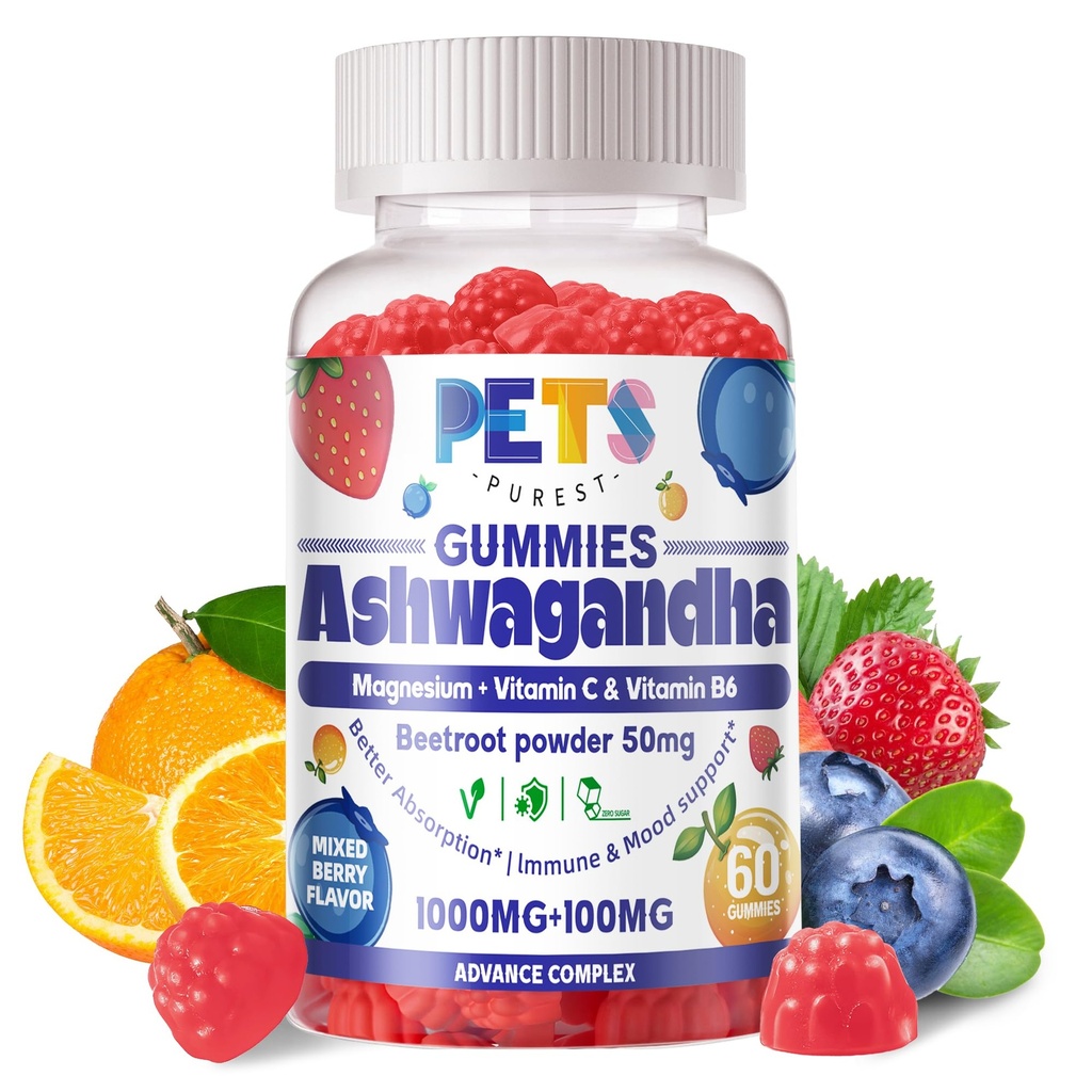 Ashwagandha Gummies & Vitamin D3 Gummies 60 Count - Organic Aswangdha Supplement for Improve Sleep, Stress Relief & Mood Calm(Mixed Berry, Vegan, Plant Based,Gluten-Free & Gelatin Free)-1pack