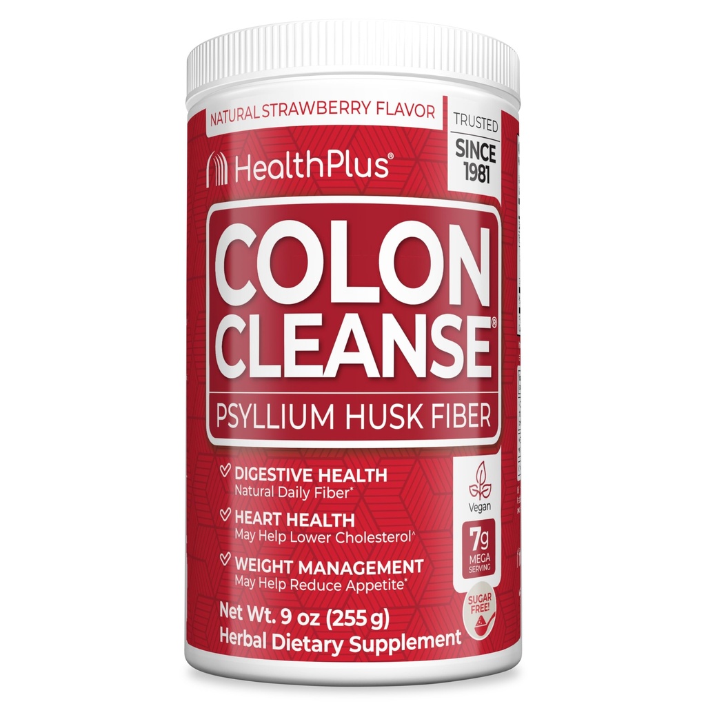 Health Plus Colon Cleanse Digestive Support | Inga konstgjorda smaker | Daglig fiber för toxin Elimination för att minska uppblåsthet | Psyllium Husk | Strawberry smak | 9 Ounces, 36 portioner